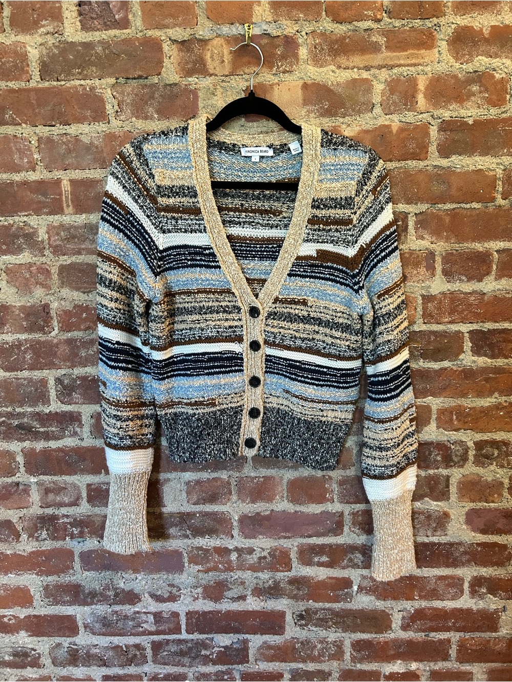 Veronica Beard Mixed Stripe V-Neck Cardigan Sweater - Beige Blue Brown